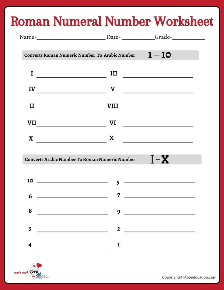 Roman Numeral Number Worksheet FREE Download