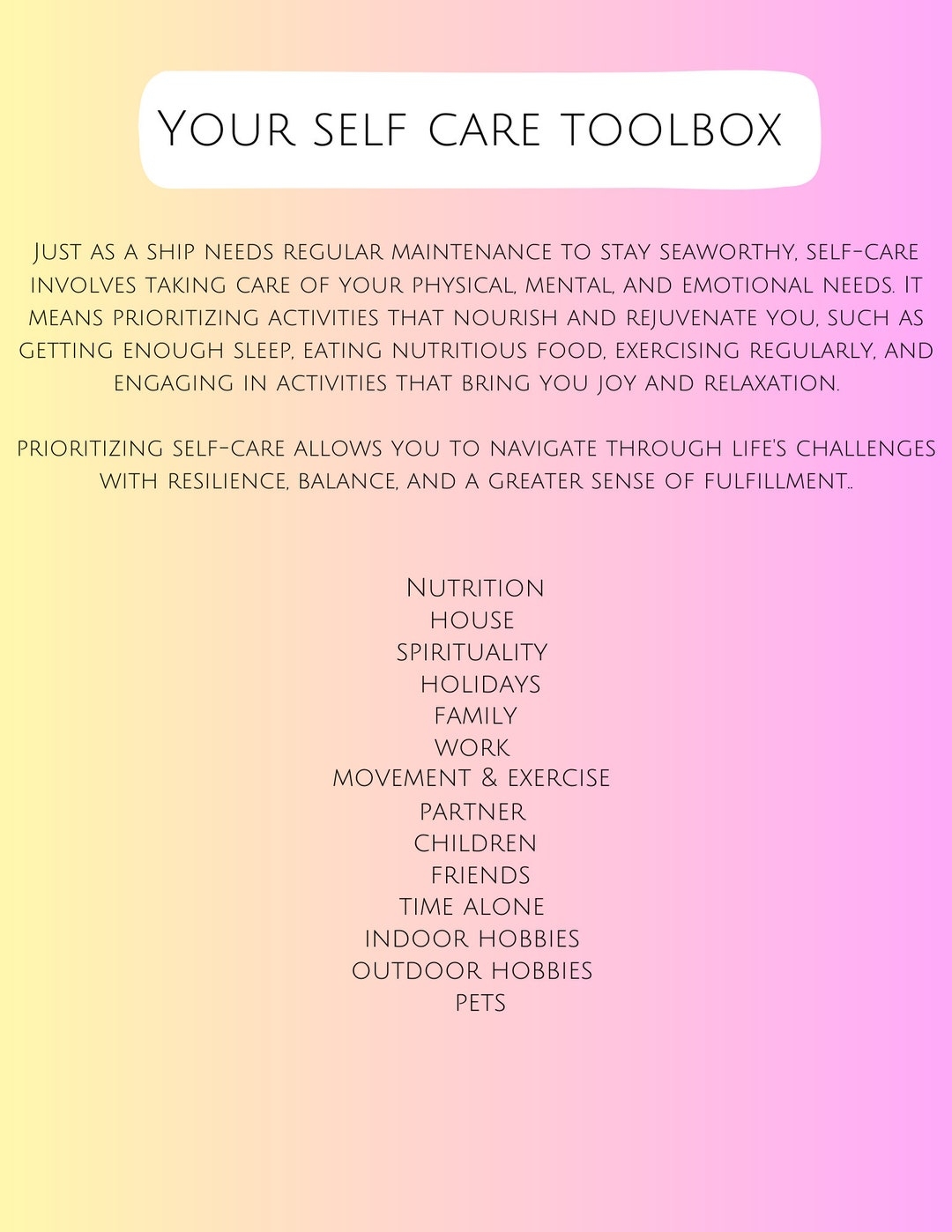 self care worksheet