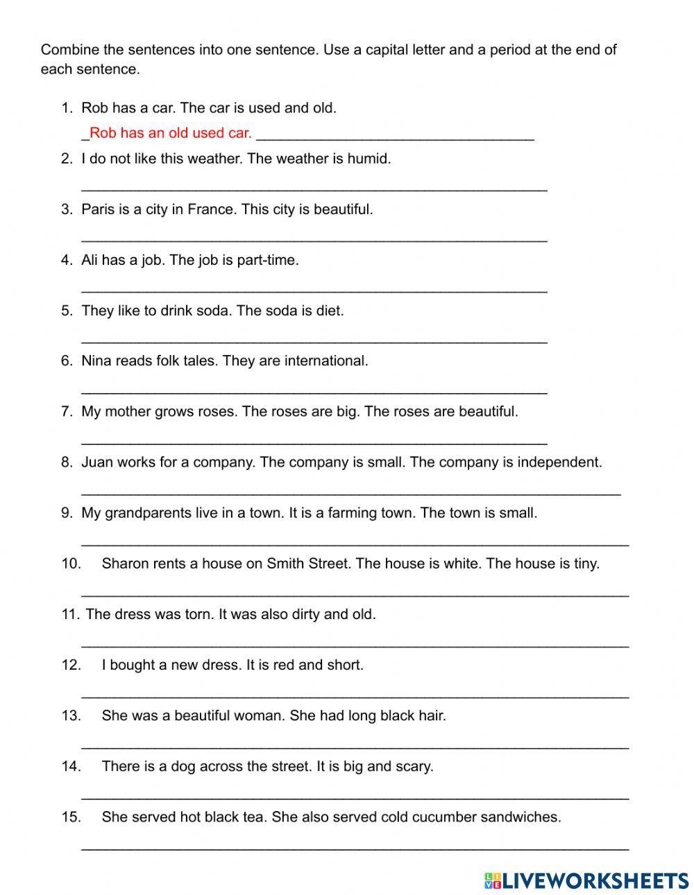 Sentence Patterns Combining Sentences Writing Worksheets 