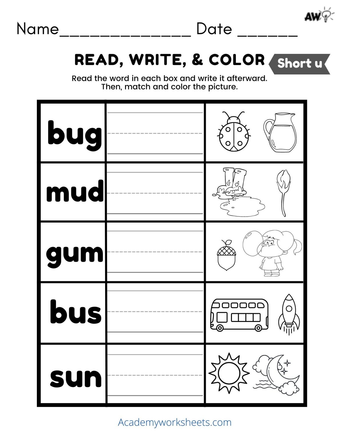 Short U Phonics Worksheets CVC Words Academy Worksheets