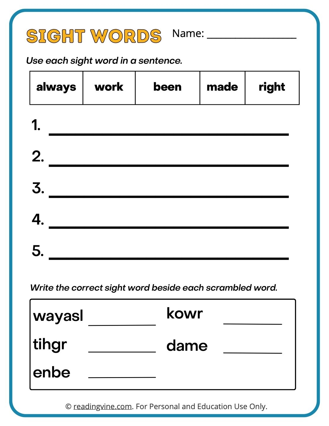 sight words worksheets pdf free