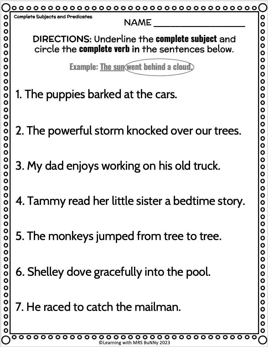 grammar subjects and predicates worksheet