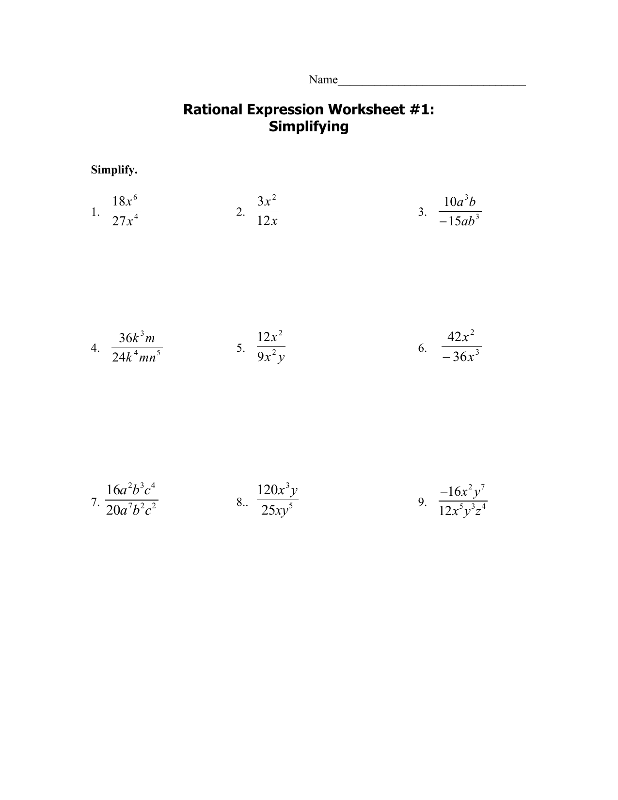 Simplifying Rational Expressions Worksheet Owhentheyanks