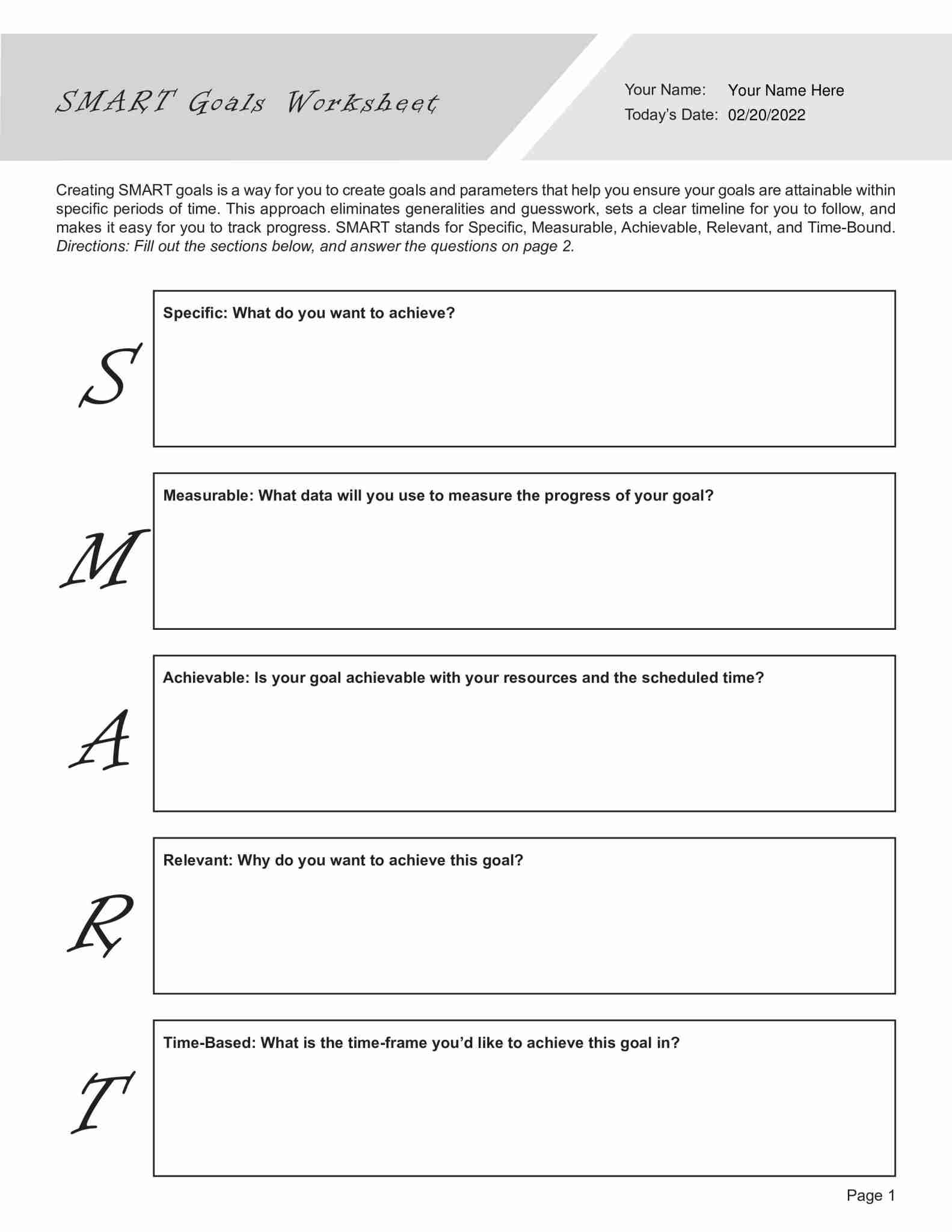 smart goals worksheet pdf