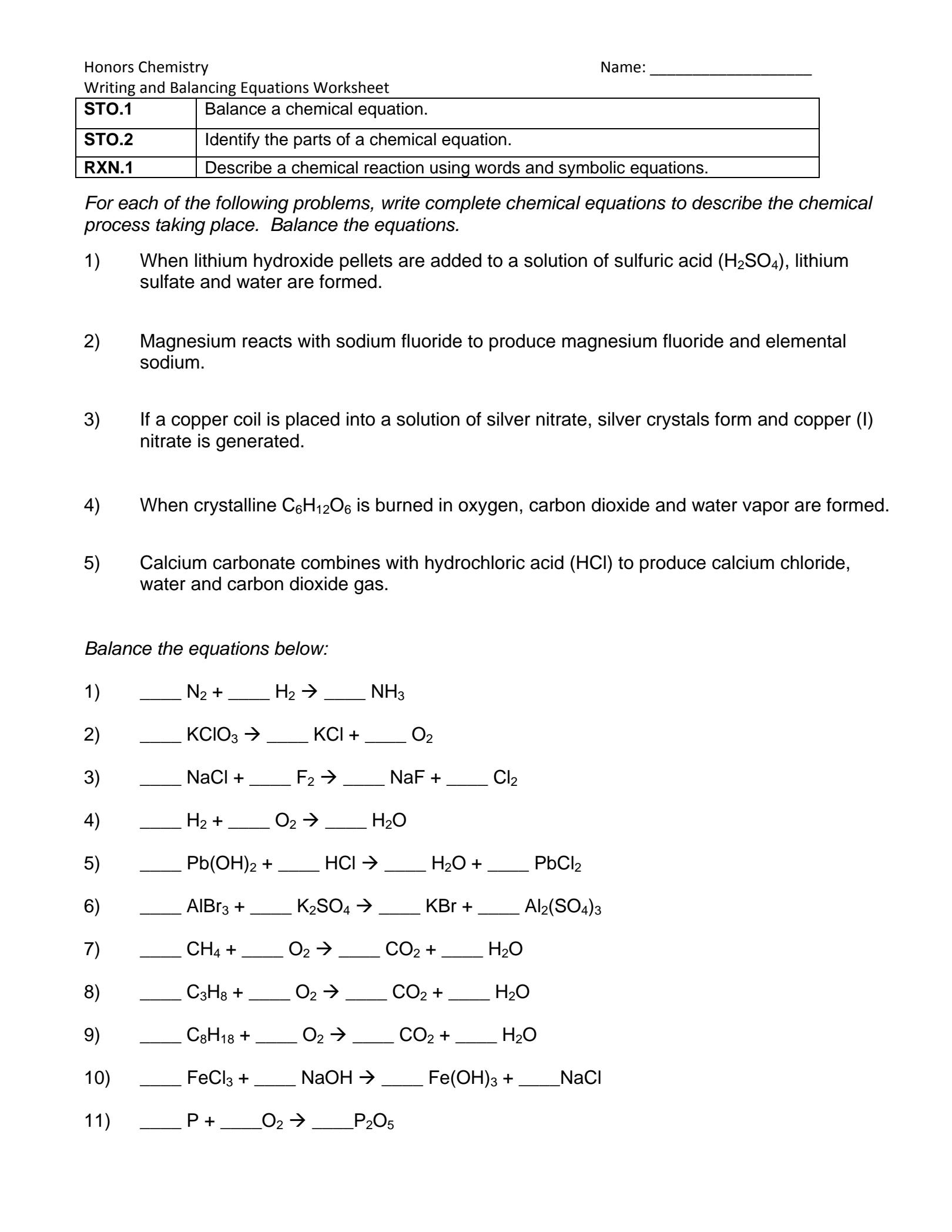 SOLUTION Worksheet Balancing Equations Studypool Worksheets Library