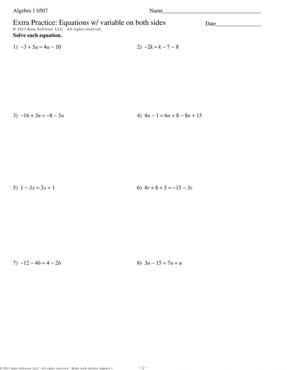 Solve Equations With Variables On Both Sides Worksheets PDF 