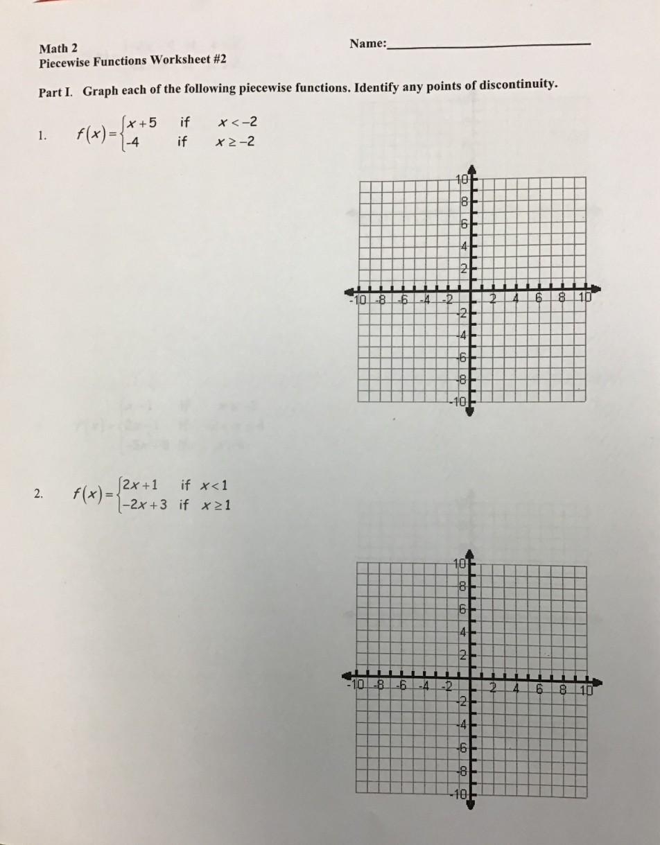Solved Math 2 Name Piecewise Functions Worksheet 2 Part I 