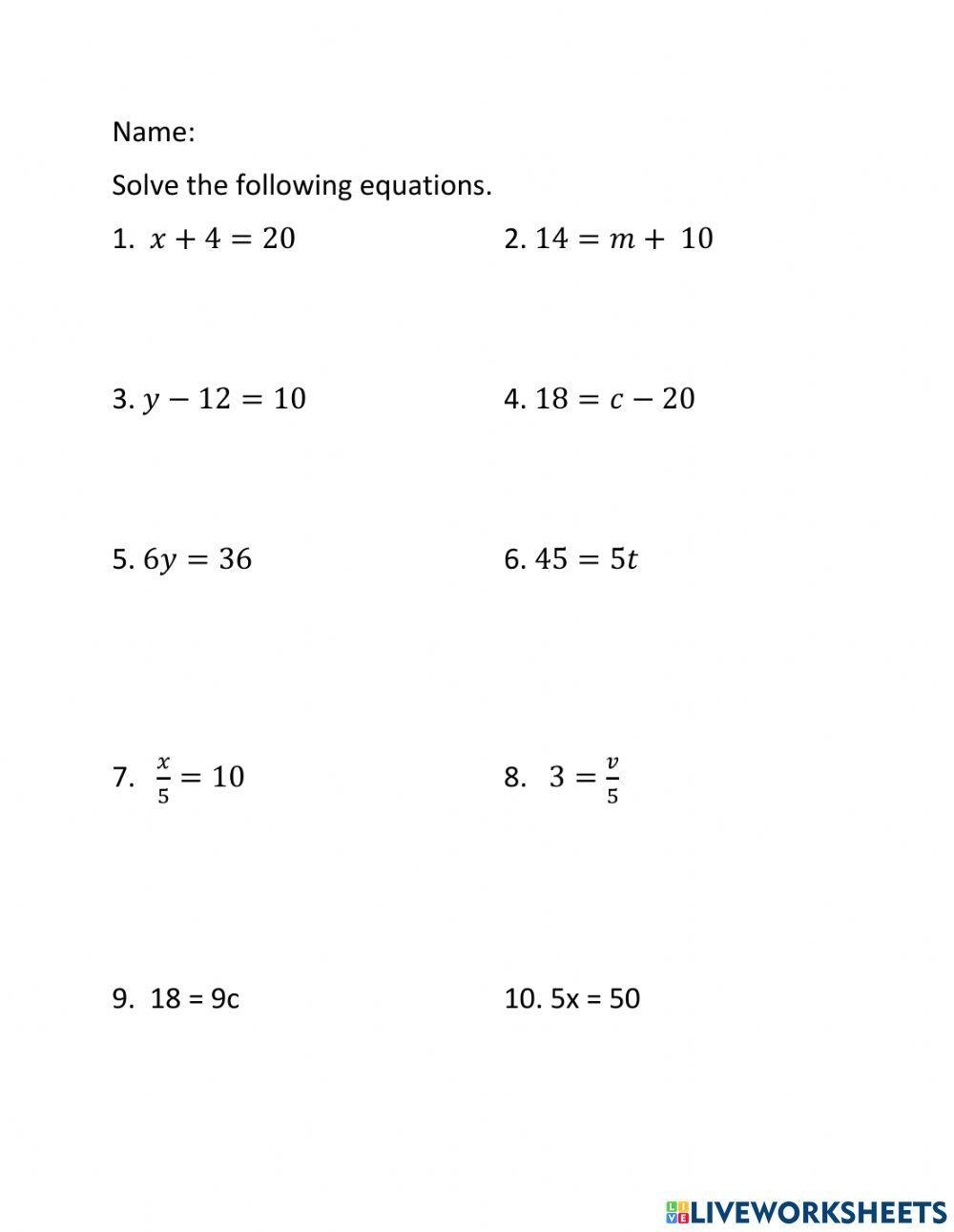 Solving Linear Equations Worksheet MySchoolsMath Worksheets Library