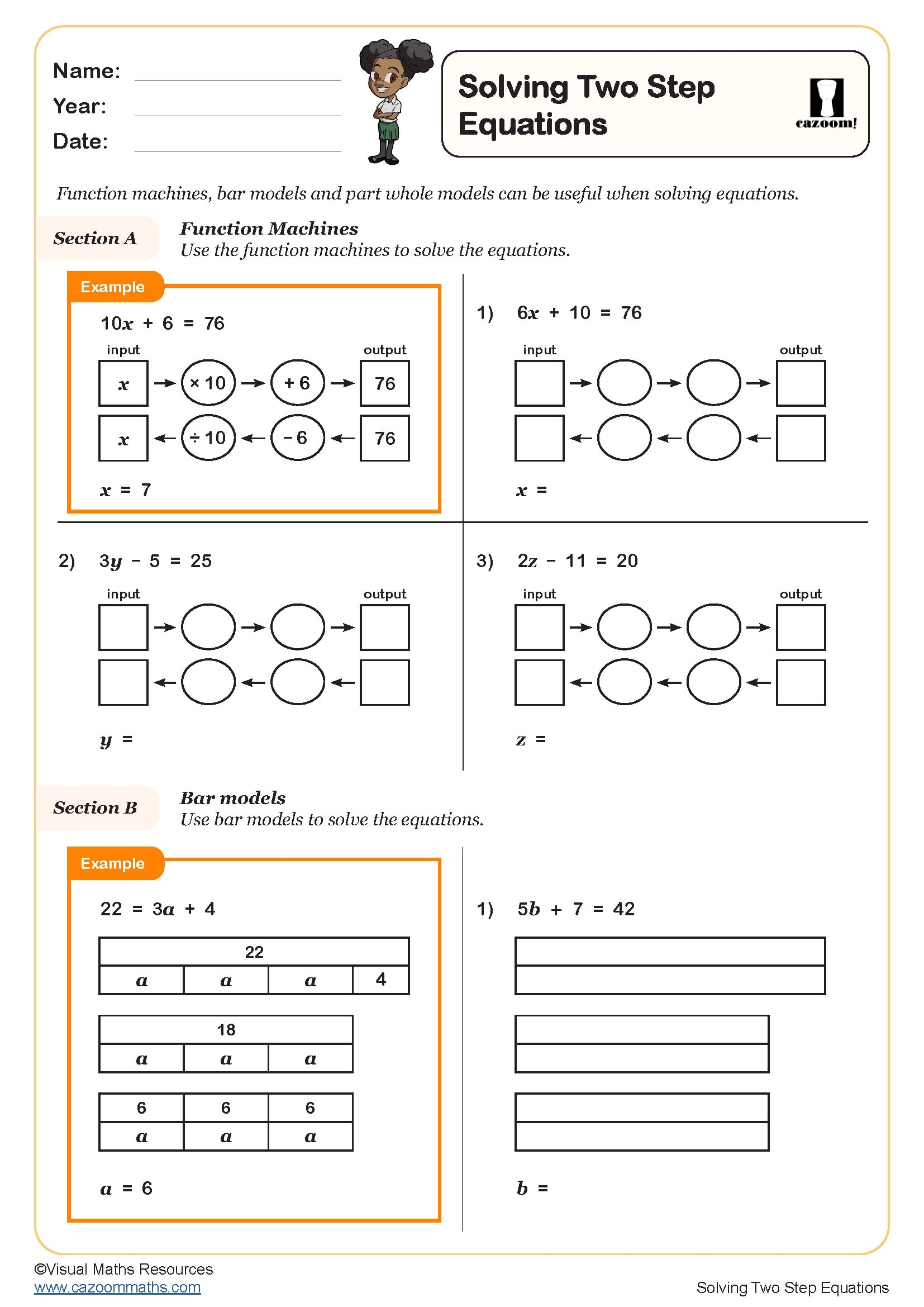 Solving Two Step Equations Worksheet PDF Printable Algebra 