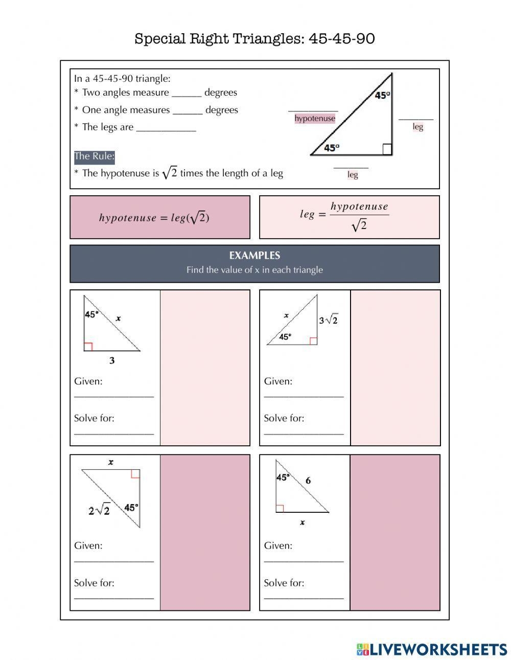 Special Right Triangles Worksheet GeometryCoach Worksheets Library