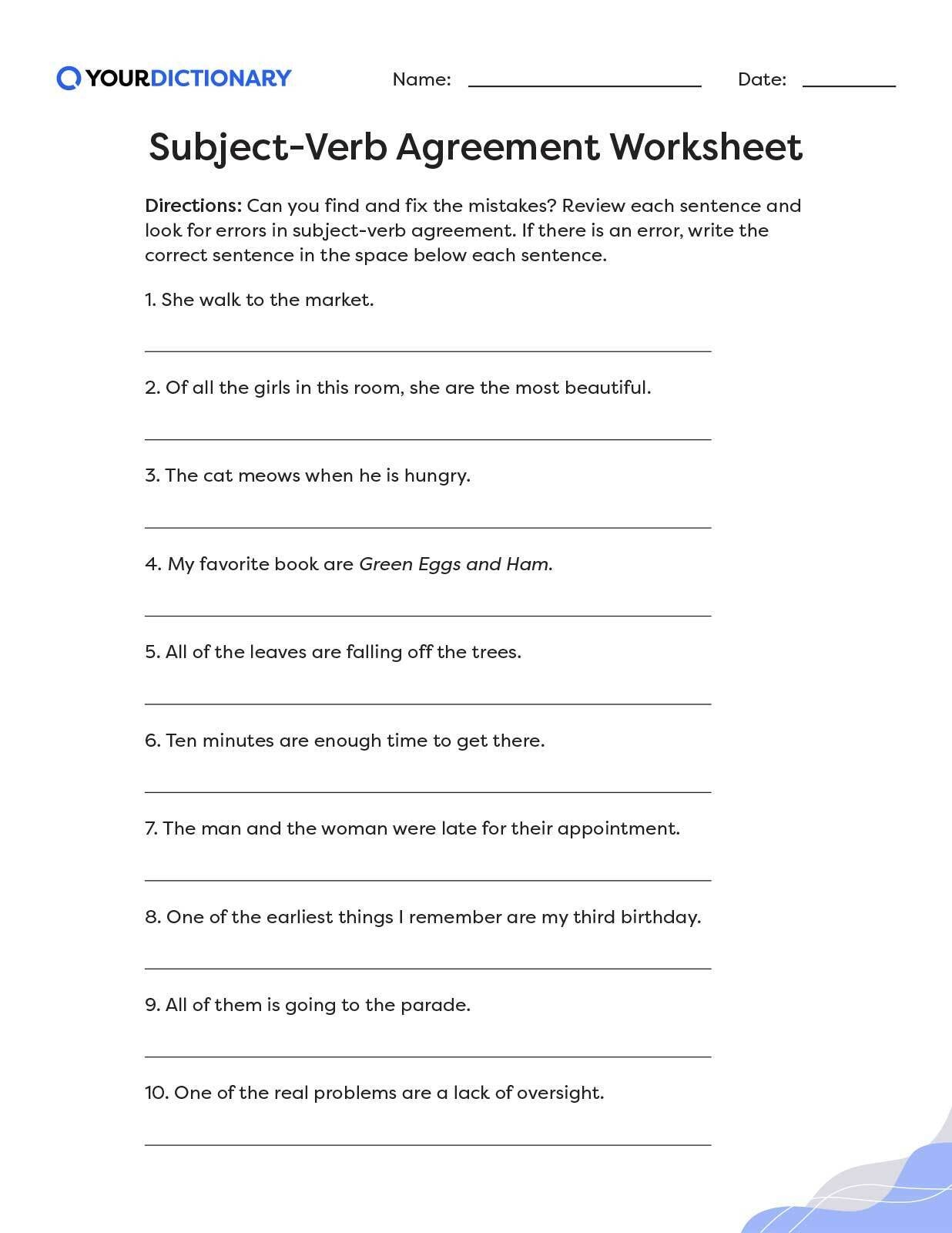 grammar subject verb agreement worksheet