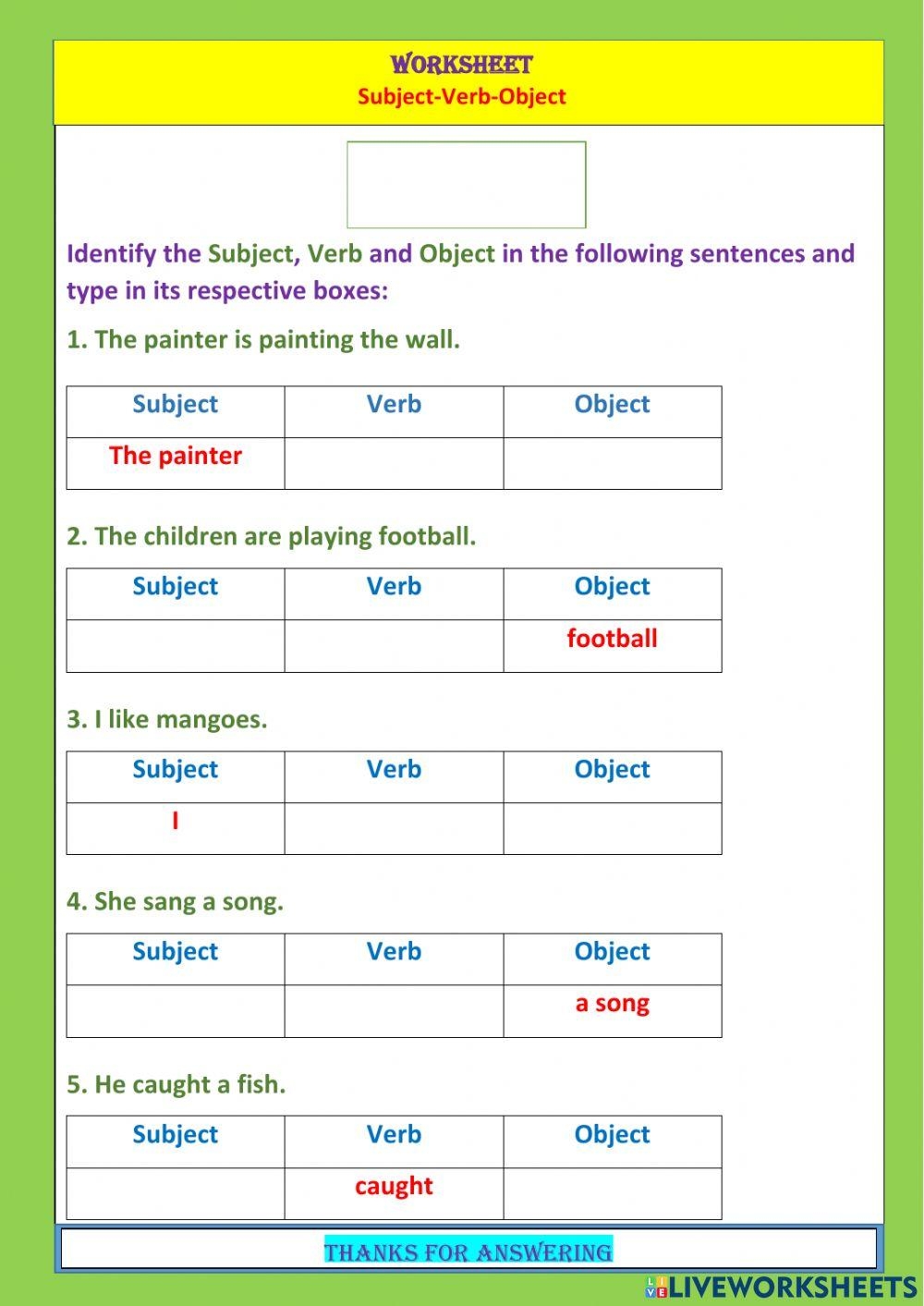 Subject Verb Object Interactive Worksheet Live Worksheets