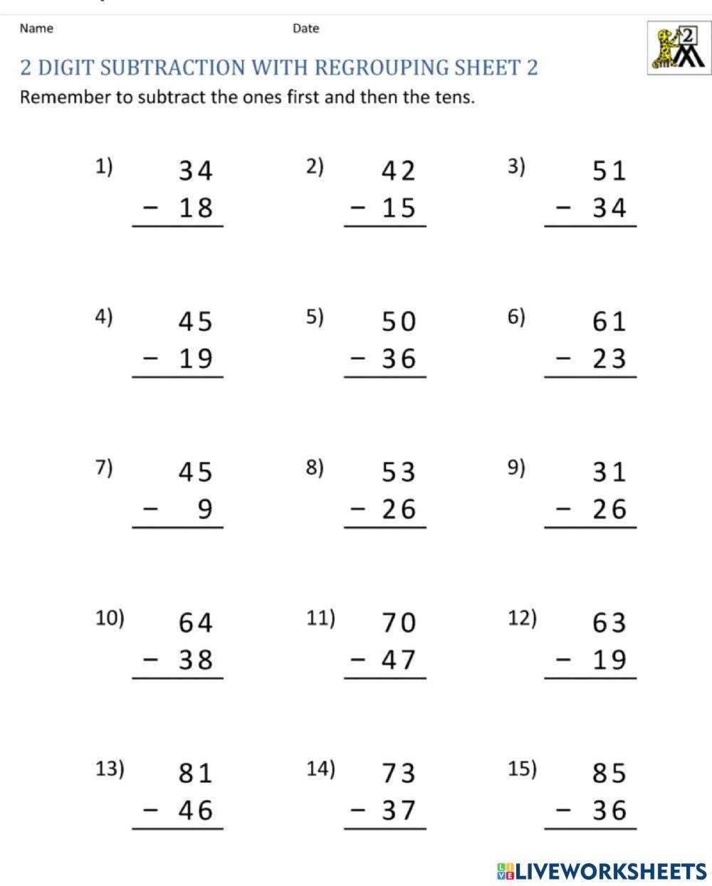 Subtraction With Regrouping Worksheet For Grade 1 Live Worksheets 