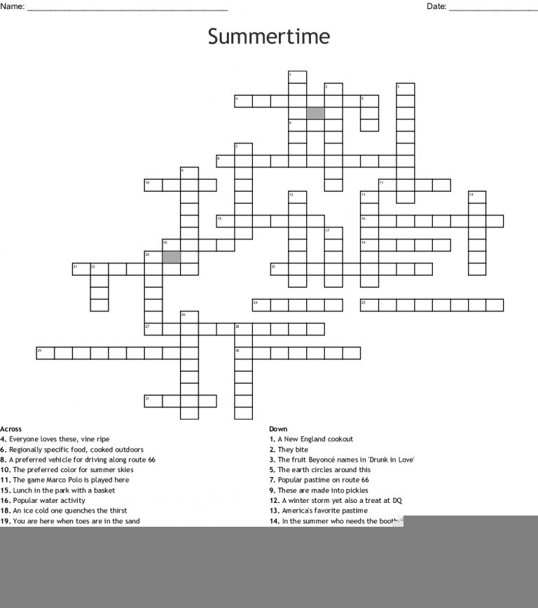 summer crossword puzzle printable