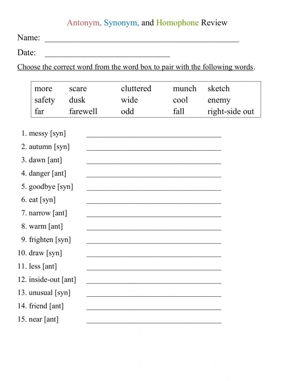 Synonyms Or Antonyms Assessment Worksheet For Kids Worksheets Library