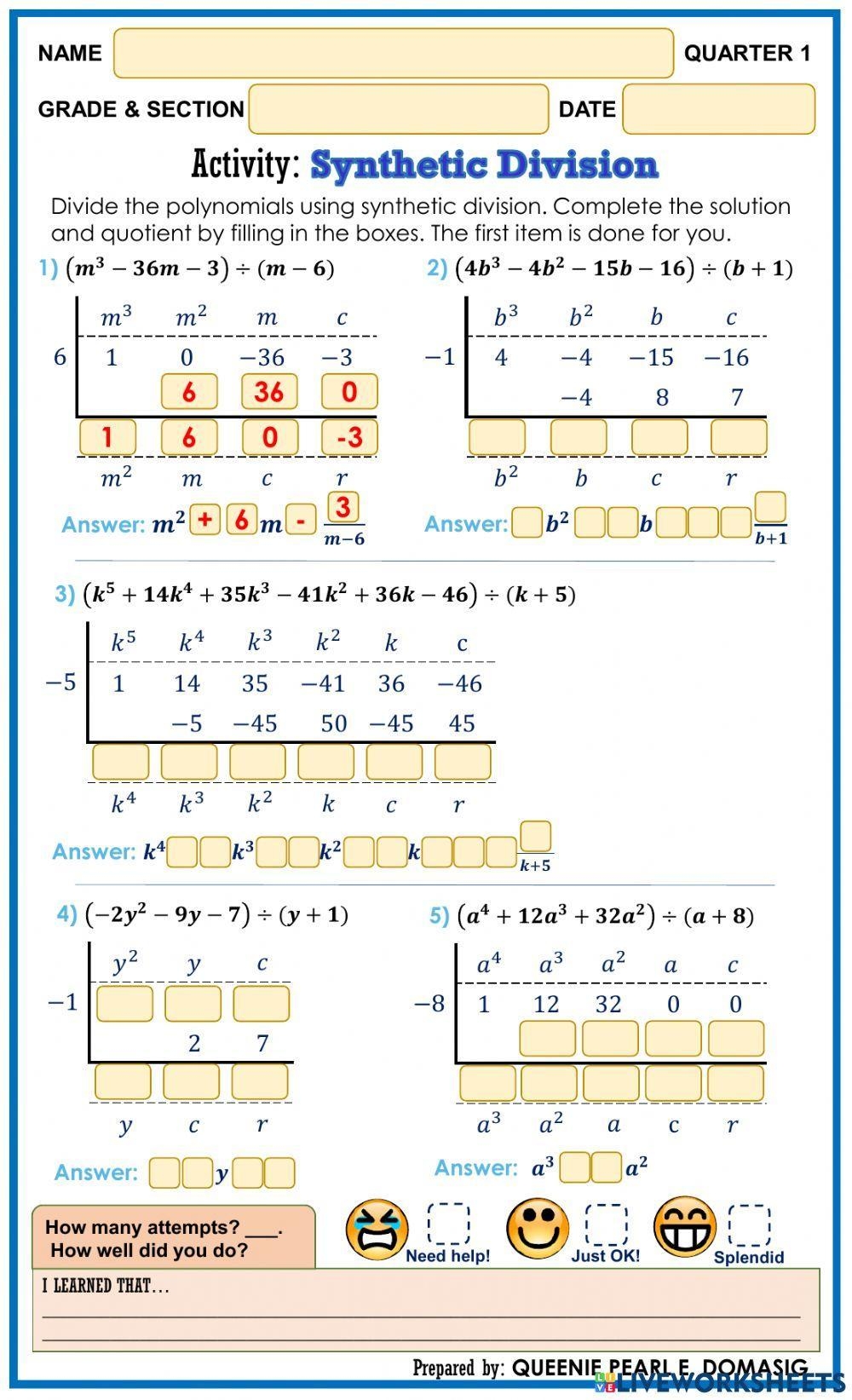 Synthetic Division Activity Live Worksheets Worksheets Library