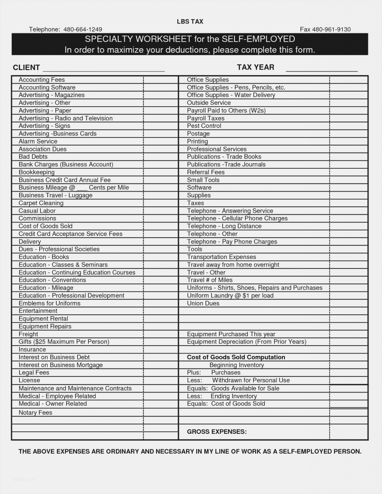 self employed tax deductions worksheet