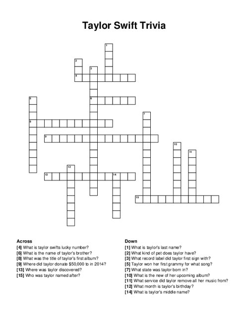 Taylor Swift Trivia Crossword Puzzle
