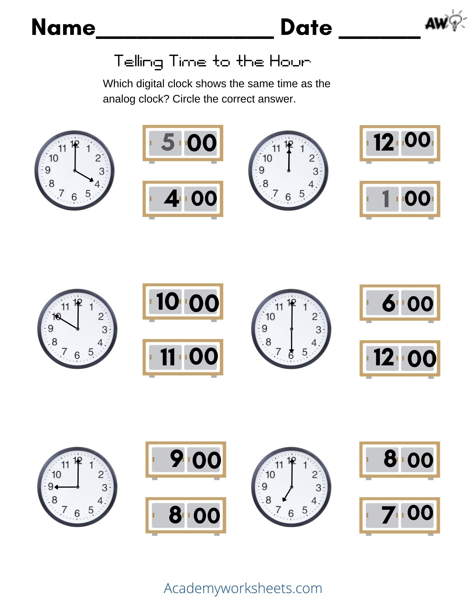 Telling Time To The Hour Match Digital To Analog Academy 