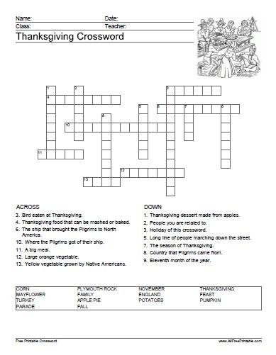 free printable thanksgiving crossword puzzle