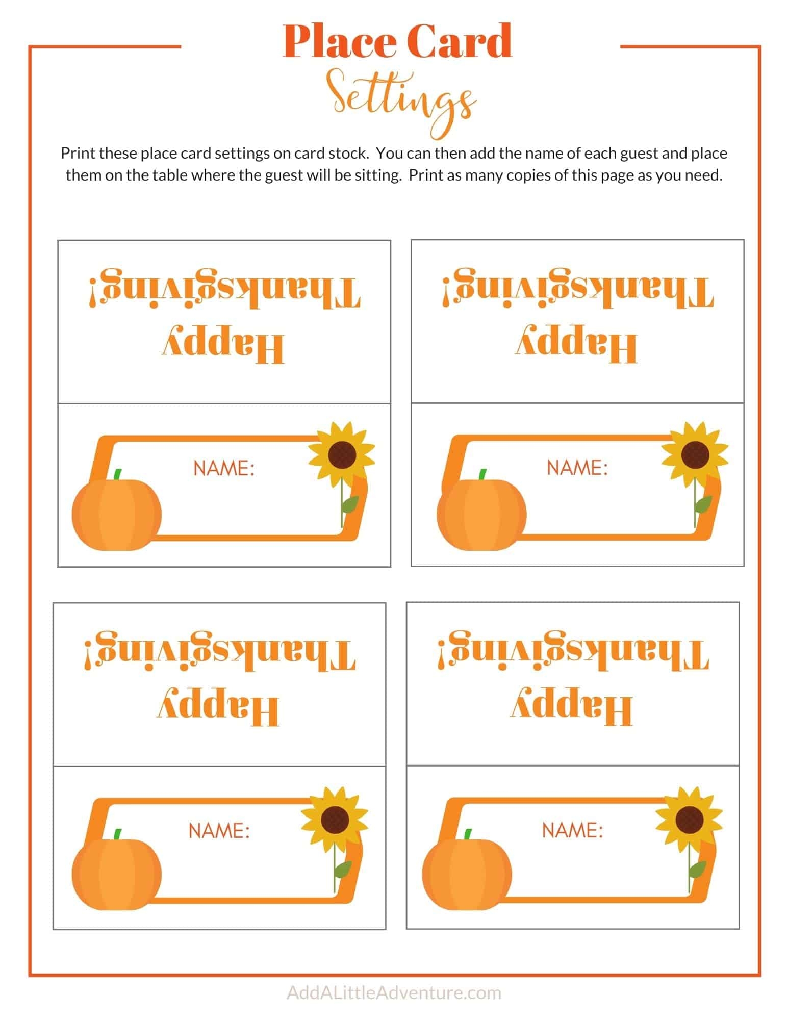 Thanksgiving Place Cards Printable DIY Template Add A Little Adventure