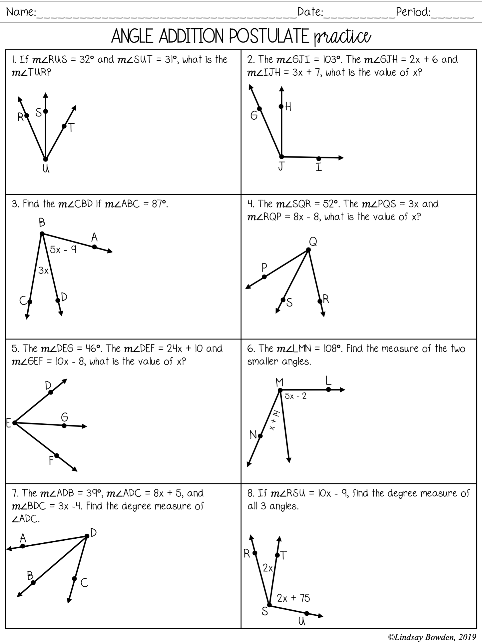 angle addition postulate worksheet