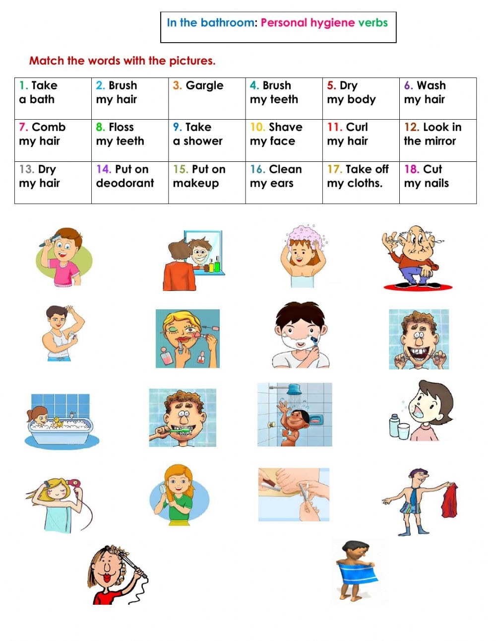 The Bathroom Personal Hygiene Verbs Worksheet Printable Worksheets