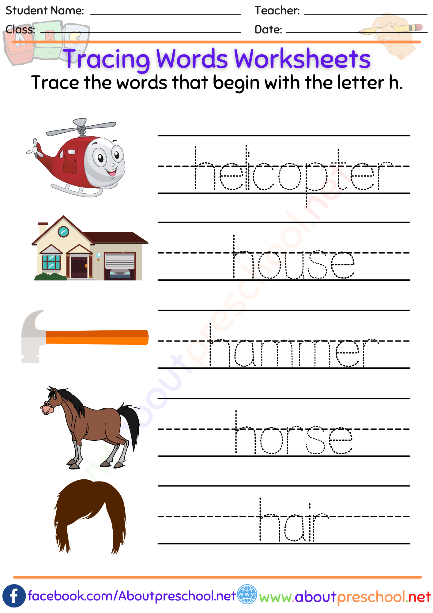 Tracing Words Worksheets h About Preschool