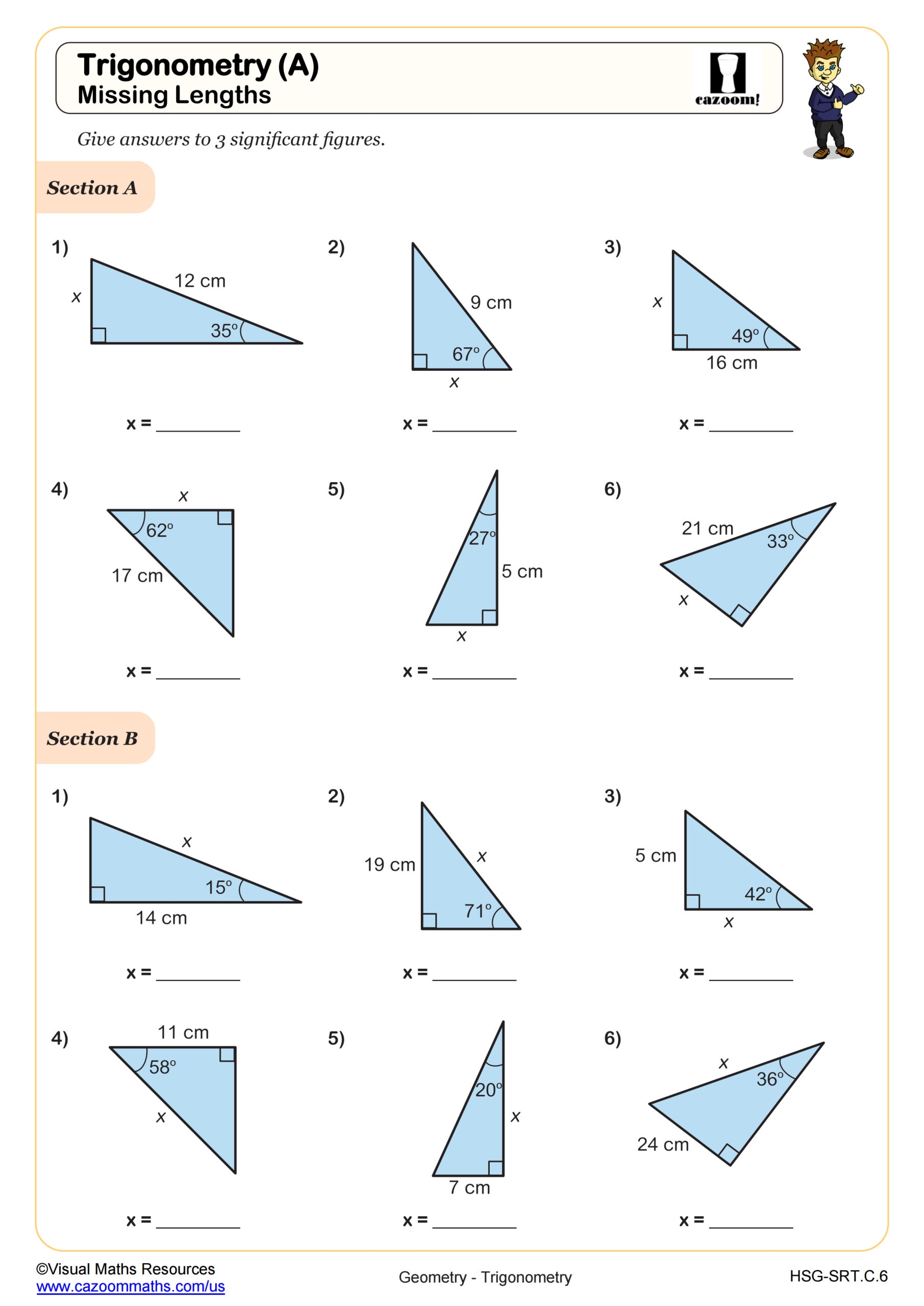 Trigonometic Ratios SOH CAH TOA Missing Side Lengths Worksheet 