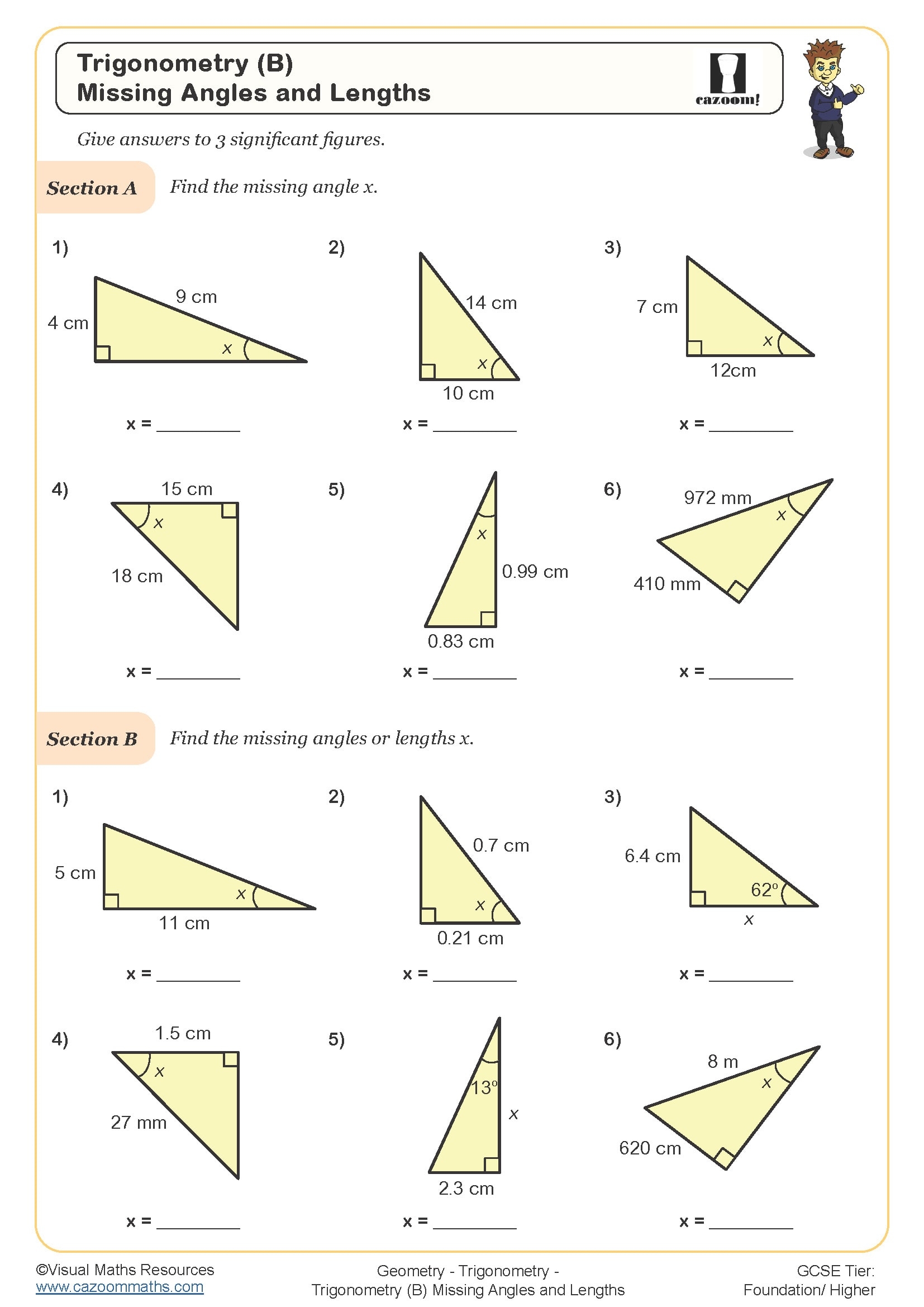 Trigonometry B Missing Angles And Lengths Worksheet Cazoom 