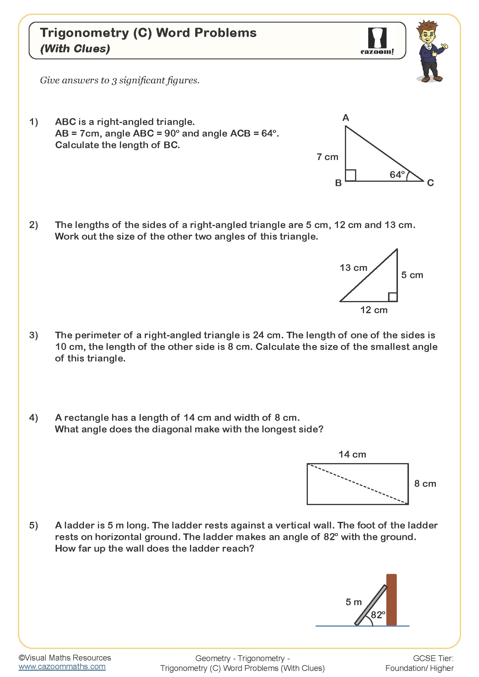 Trigonometry C Word Problems With Clues Worksheet Printable 