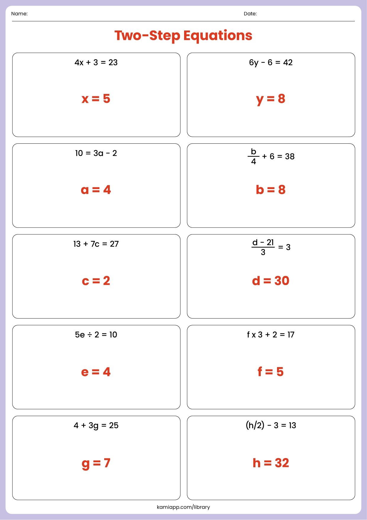 one and two step equations worksheet