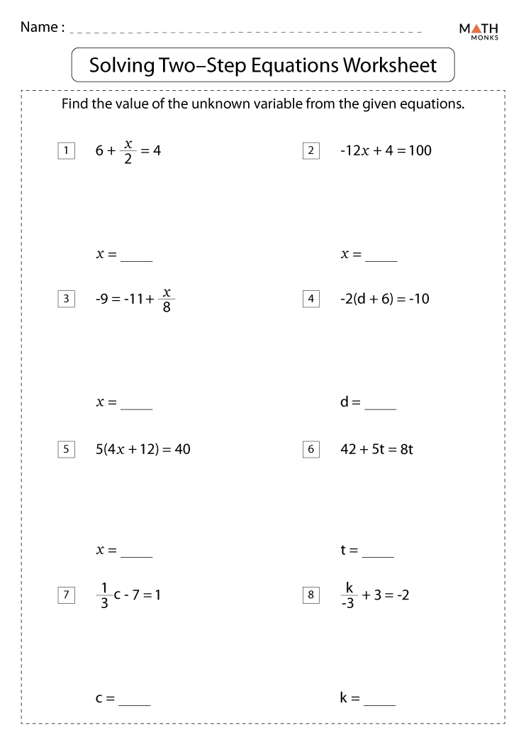 Two Step Equations Worksheets Math Monks