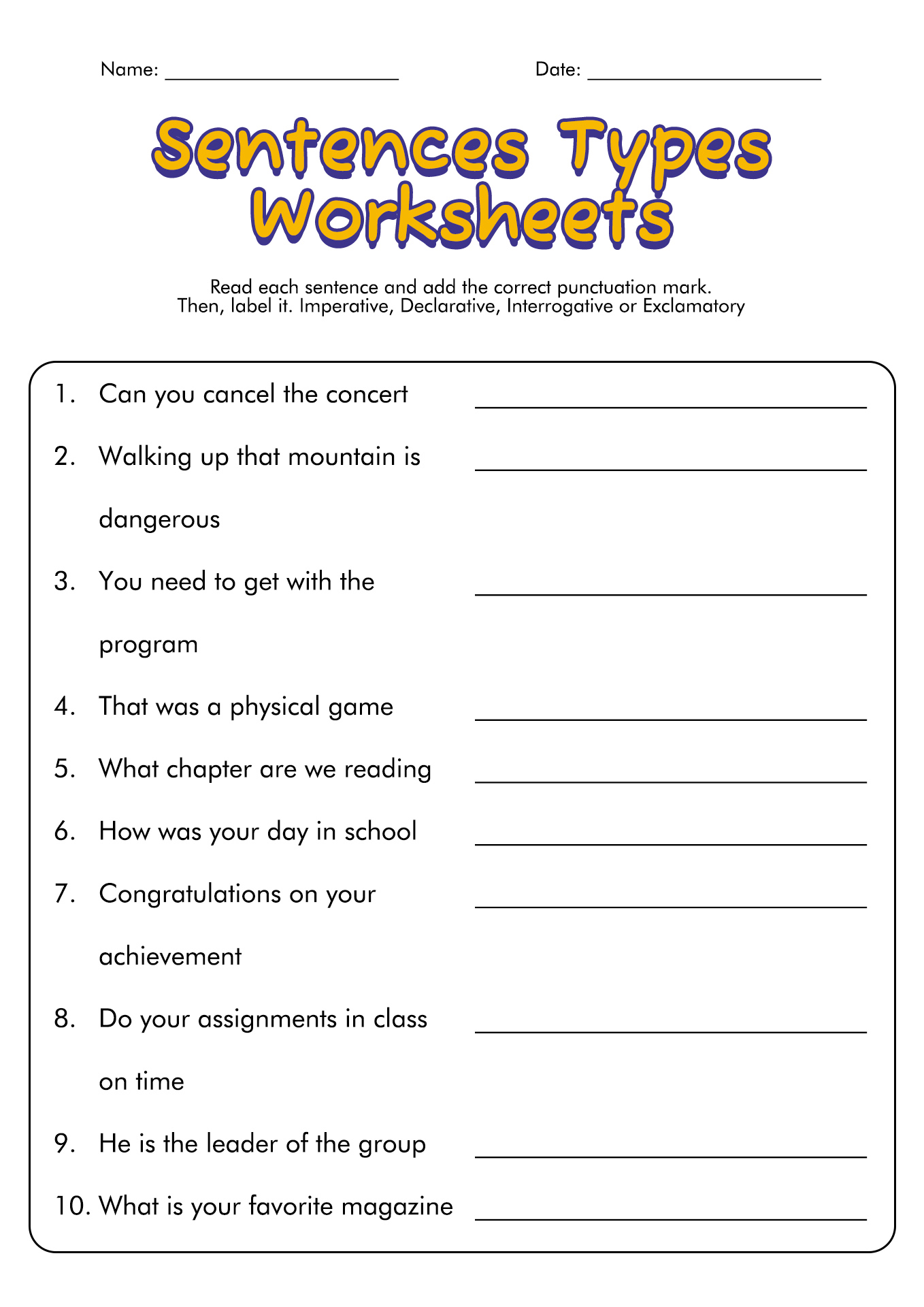 Types Of Sentences Worksheets SentenceWorksheets
