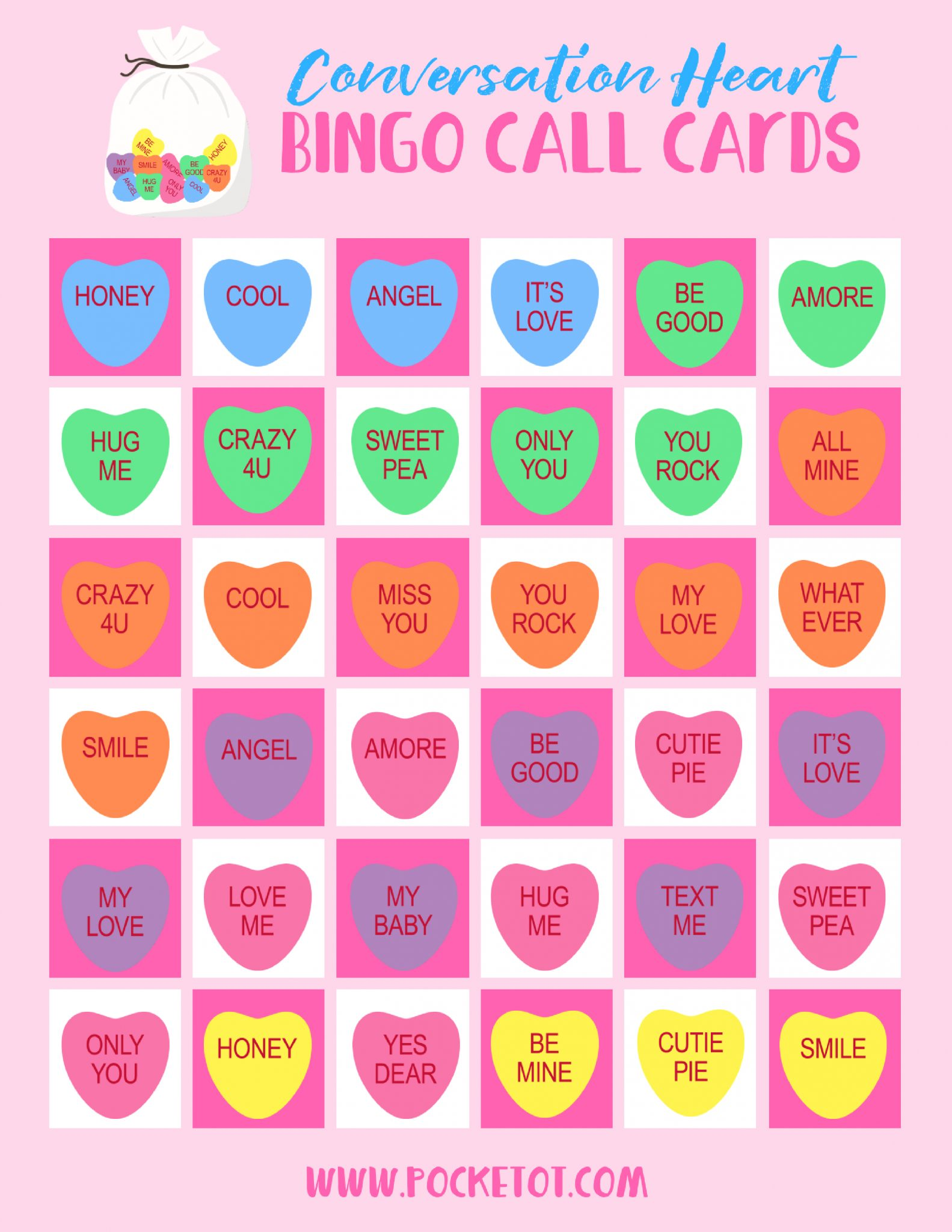 Valentine 39 s Day Conversation Heart Bingo Game Pocket Printable