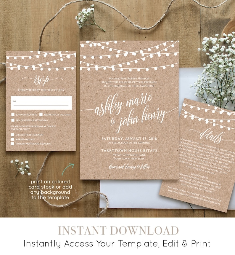 Wedding Invitation Template Printable Rustic Wood String Etsy