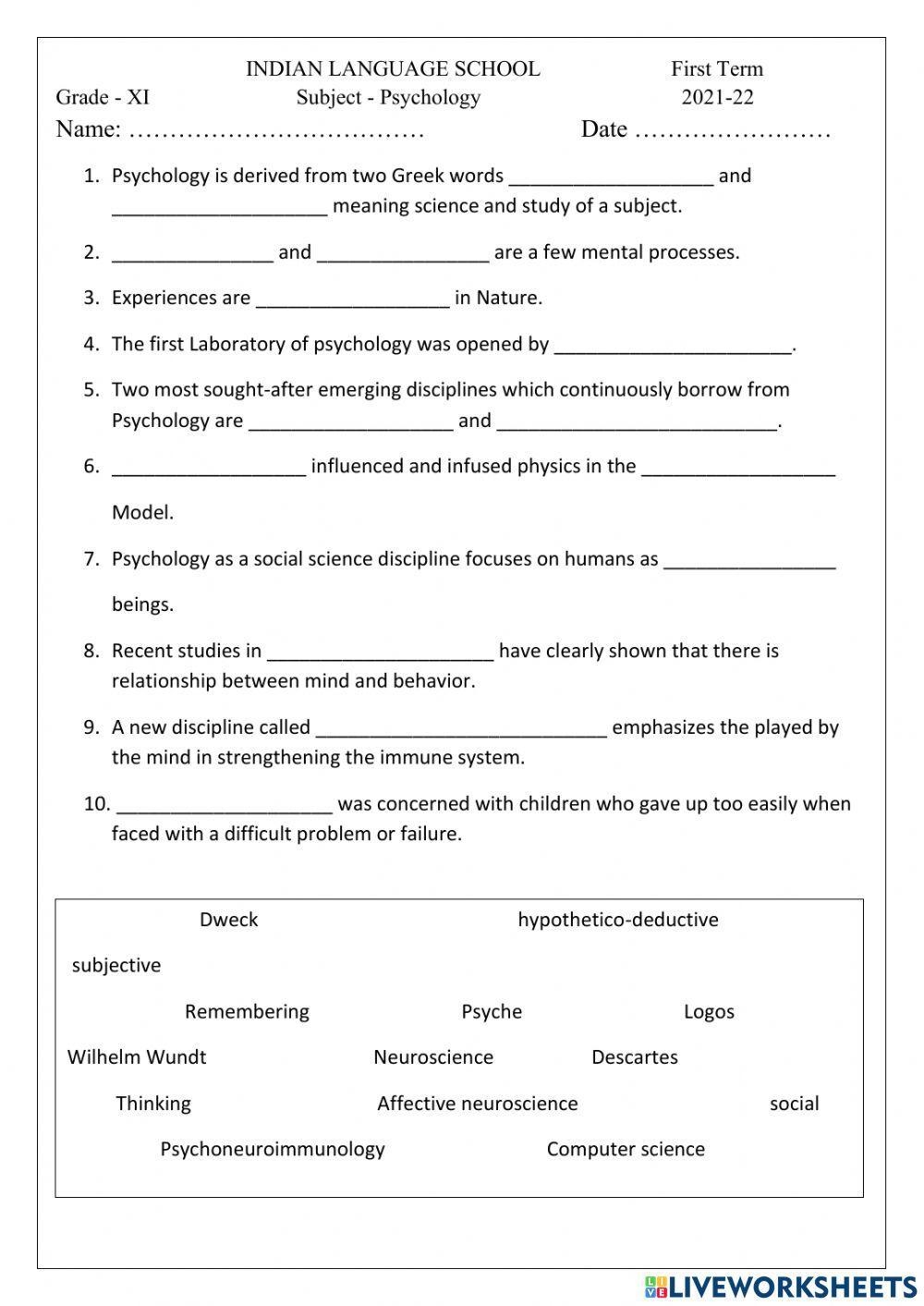 What Is Psychology Worksheet Live Worksheets Worksheets Library