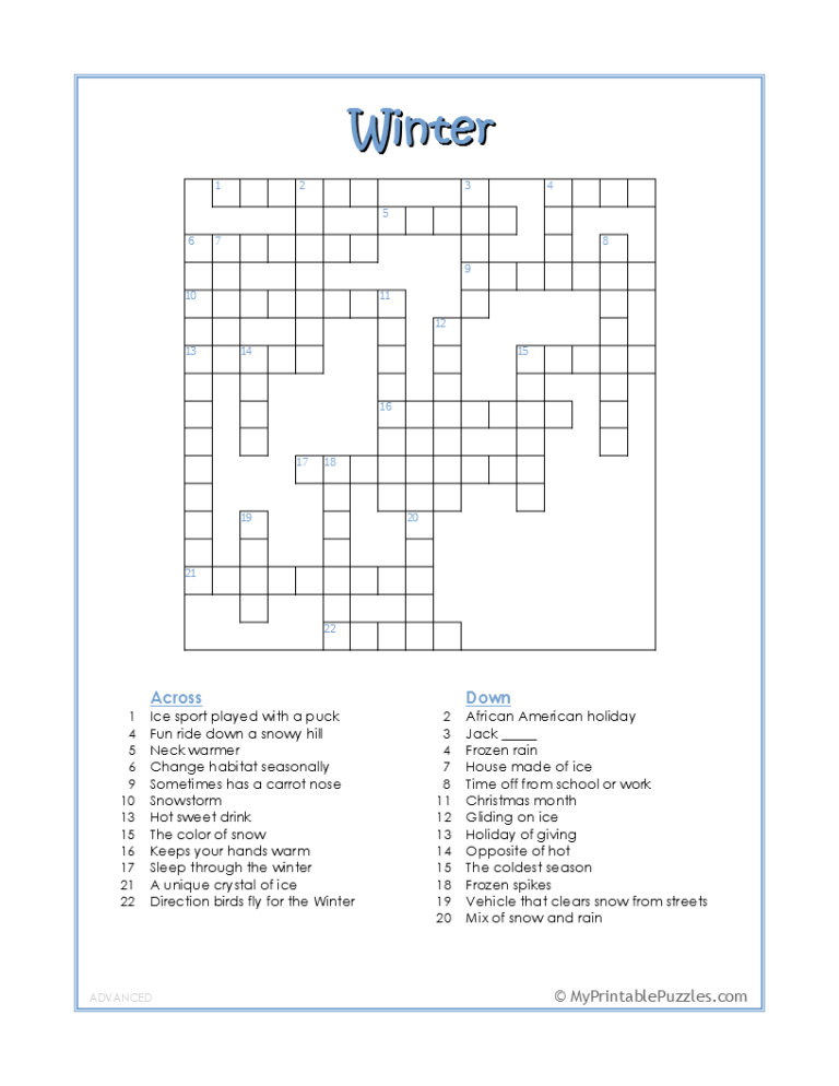 winter crossword puzzle printable