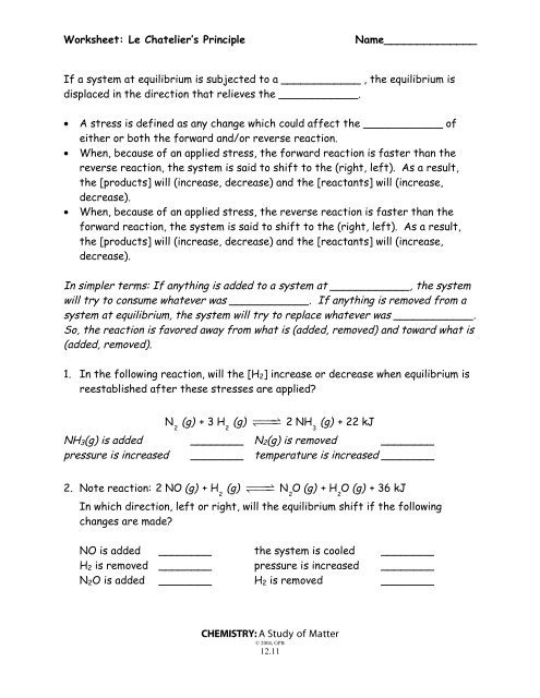 le chatelier's principle worksheet