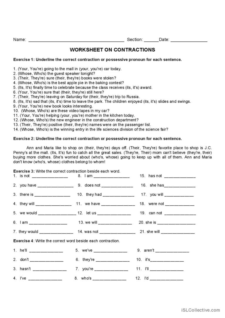contractions worksheets