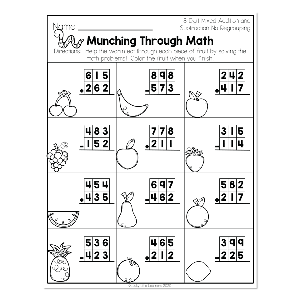 2nd Grade Math Worksheets 3 Digit Mixed Addition And Subtraction No Regrouping Munching Through Math Lucky Little Learners 2nd Grade Math Worksheets 3 Digit Mixed Addition And Subtraction No Regrouping Munching Through Math Lucky Little Learners