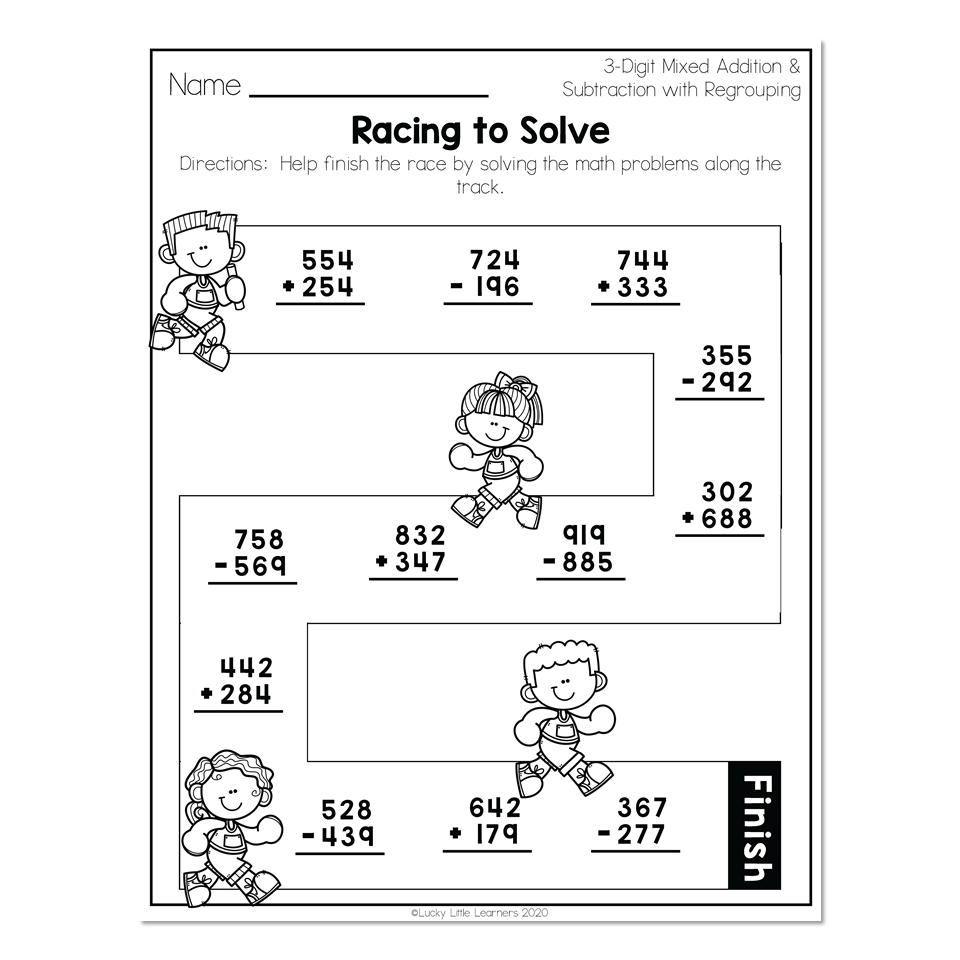 2nd Grade Math Worksheets 3 Digit Mixed Addition And Subtraction With Regrouping Racing To Solve Lucky Little Learners 2nd Grade Math Worksheets 3 Digit Mixed Addition And Subtraction With Regrouping Racing To Solve Lucky Little Learners