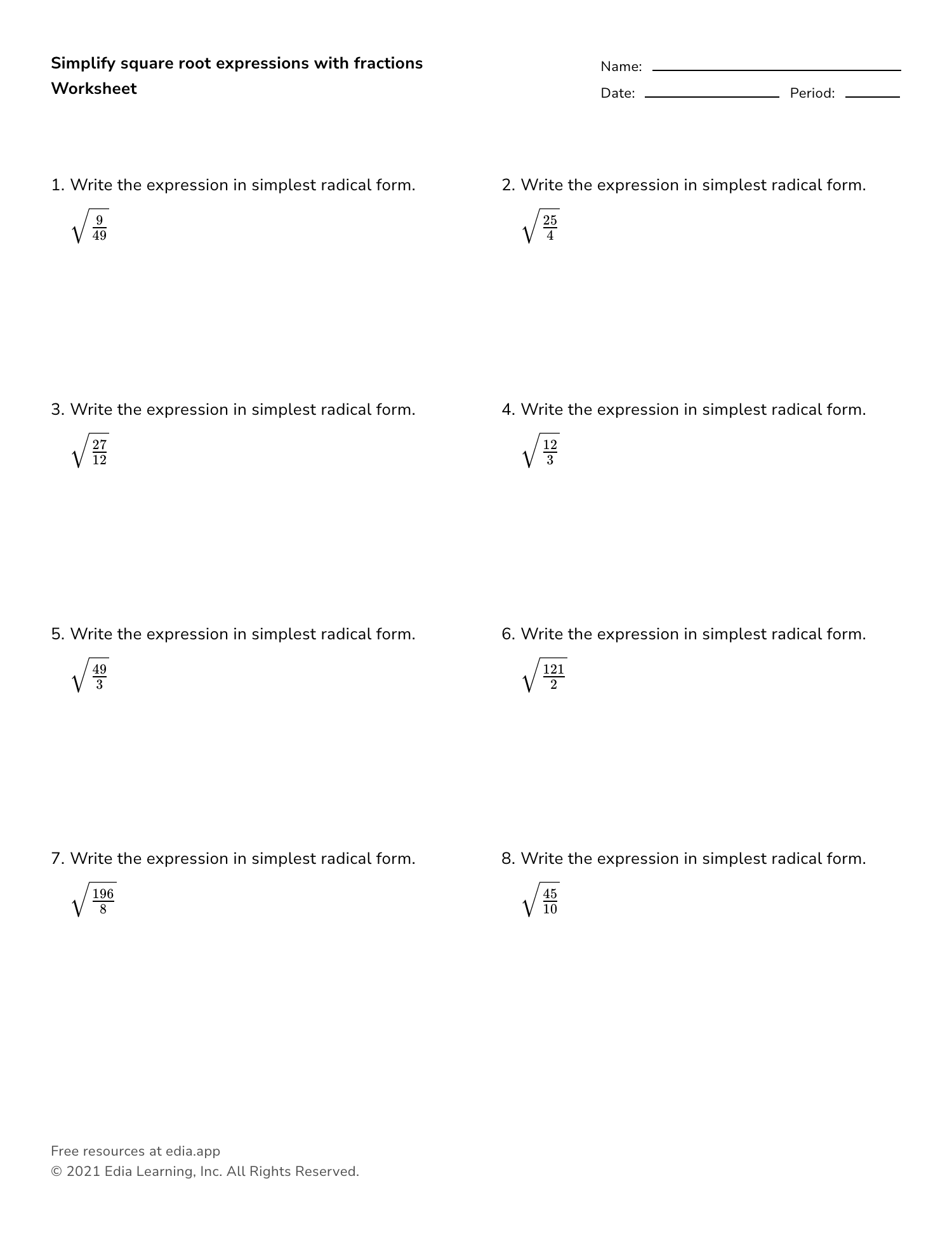 simplifying radicals worksheet simplifying radicals worksheet