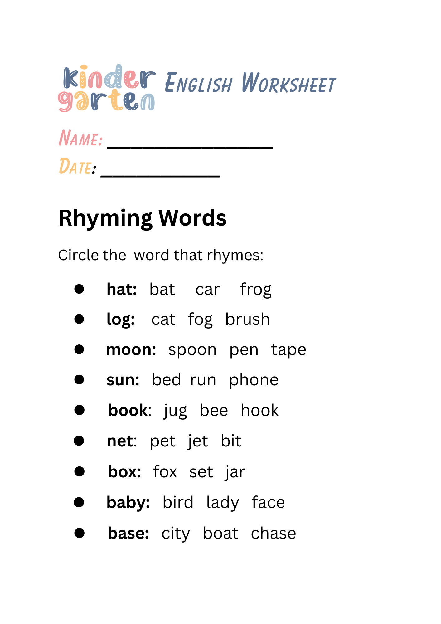 Kindergarten Rhyming Words English Worksheet Productive Notebooks