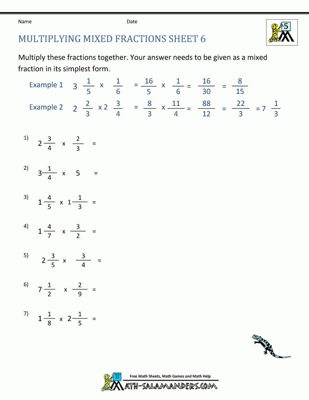 multiply a whole number by a mixed number worksheet