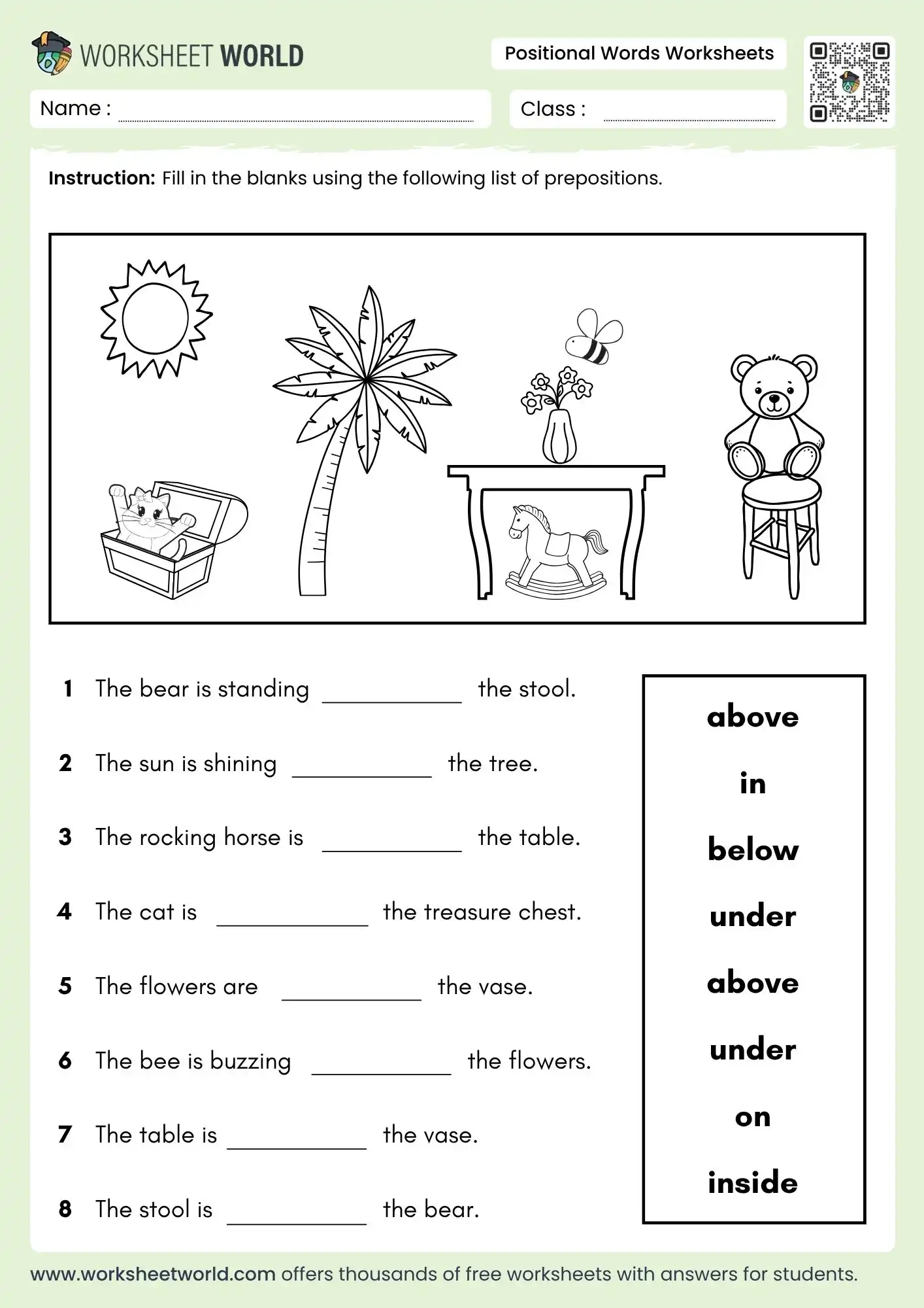 position kindergarten worksheets