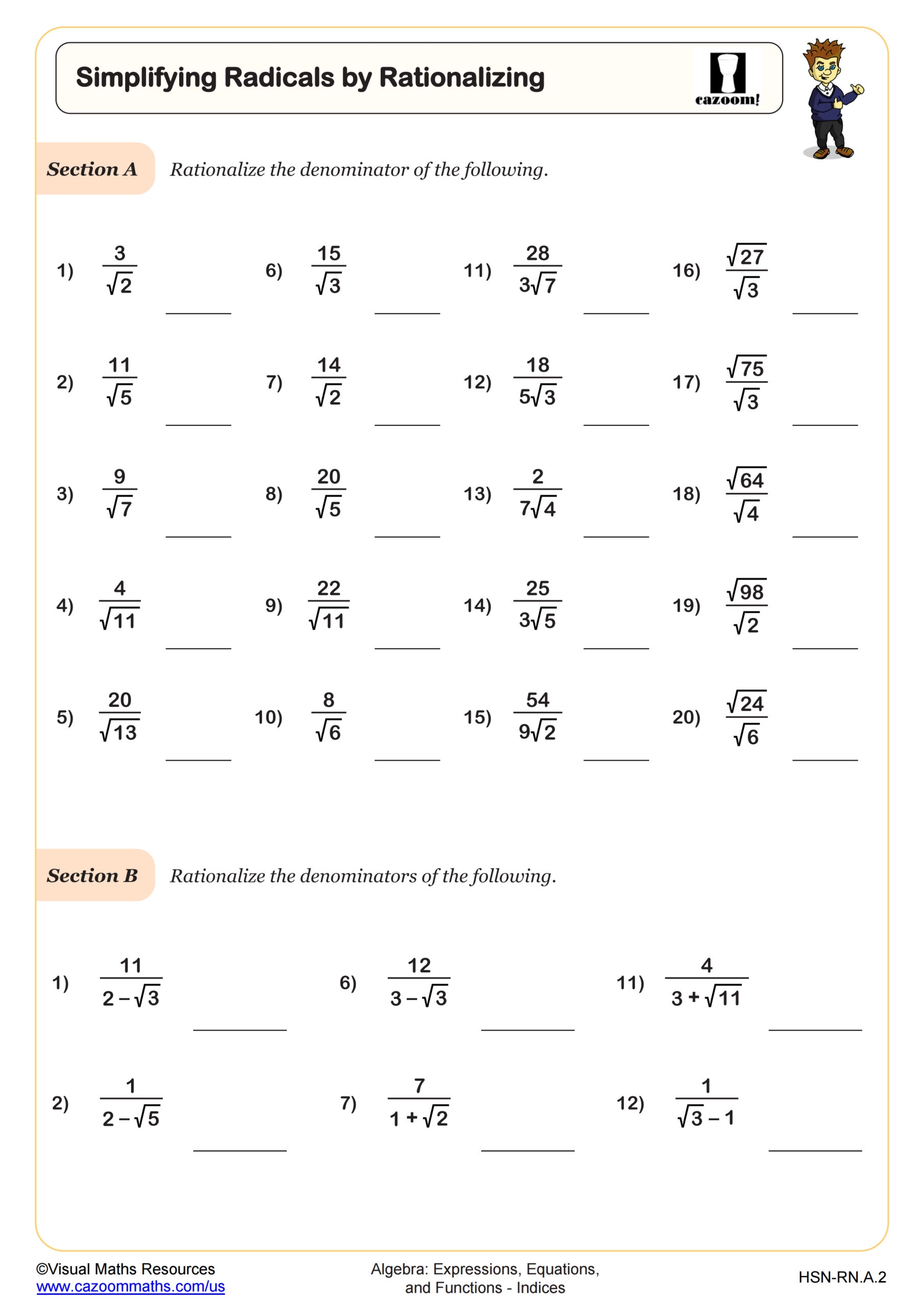 Simplifying Radicals By Rationalizing Worksheet PDF Printable Algebra Worksheet Simplifying Radicals By Rationalizing Worksheet PDF Printable Algebra Worksheet